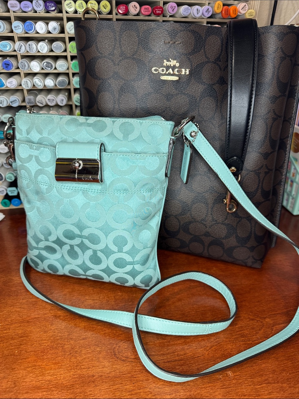 COACH Kristin Sig Graphic Op Art swing & Mollie Bucket in Sig Canvas